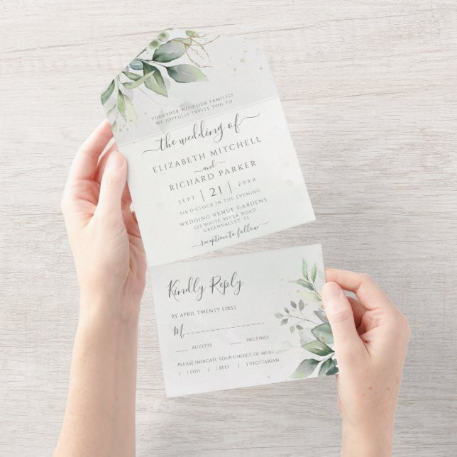 Eucalyptus Greenery Gold Leaves Botanical Wedding All In One Invitation | Zazzle | Zazzle