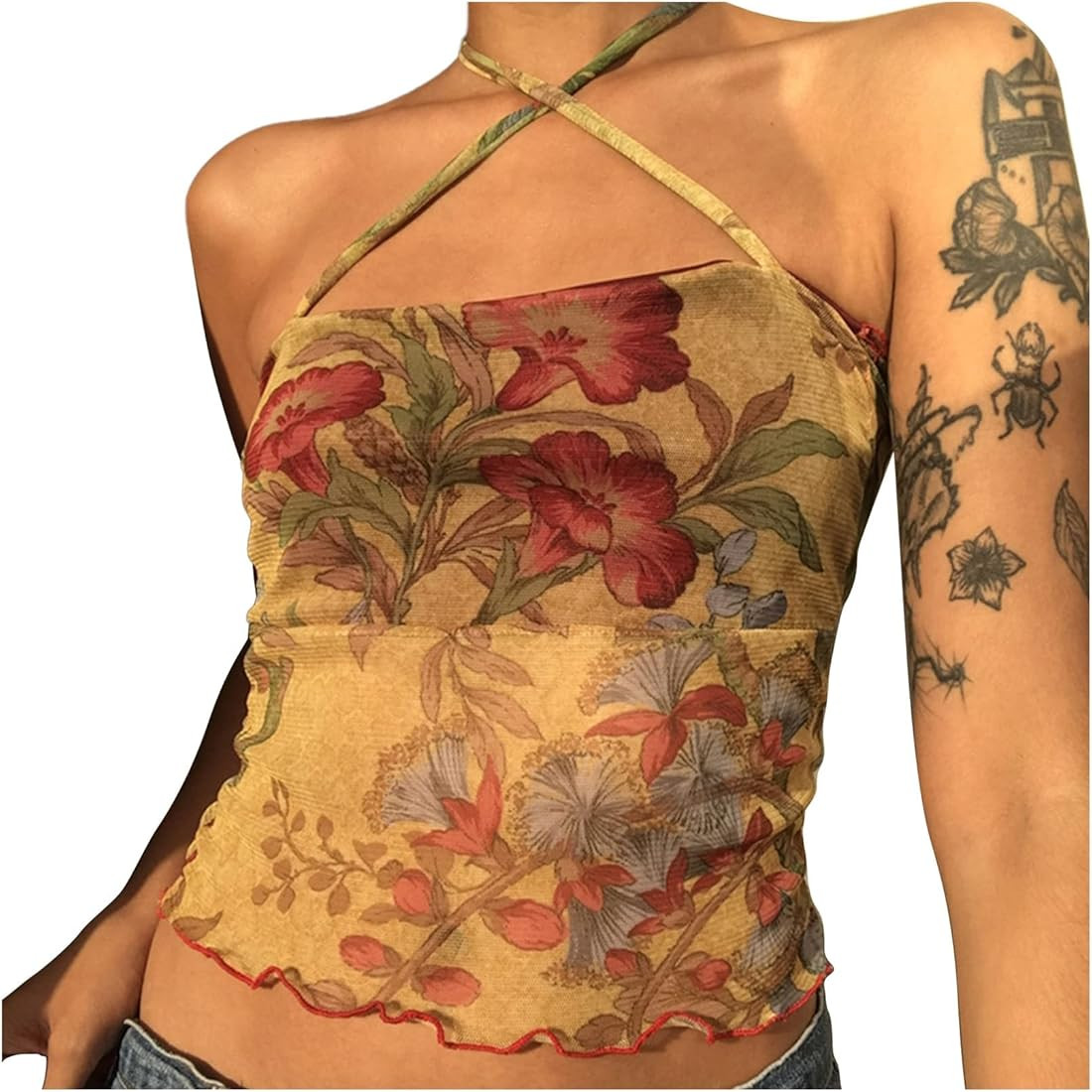 Women Y2k Tube Tops Halter Sleeveless Floral Print Backless Aesthetic Slim Crop Tank Top Cami Str... | Amazon (US)