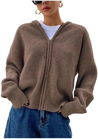 SOLY HUX Zip Up Cardigan for Women Hooded Cardigan Sweater Knitted Drop Shoulder Fall Clothes Win... | Amazon (US)