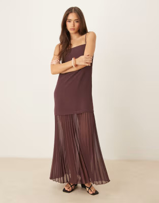 ASOS DESIGN dropped waist pleated skirt cami midi dress in brown | ASOS | ASOS (Global)