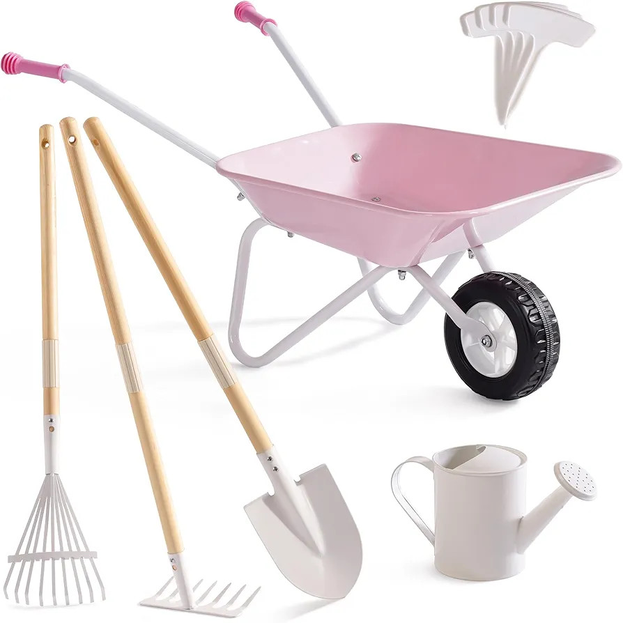 ROBUD Kids Wheelbarrow with Gardening Tools Set-9pcs Metal Toddler Wheelbarrow, Garden Tools, Wat... | Amazon (US)