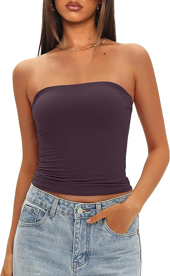 Darong Women Sexy Tube Top Summer Y2K Going Out Double Lined Basic Padded Tank Top 9205 Dark Purp... | Amazon (US)