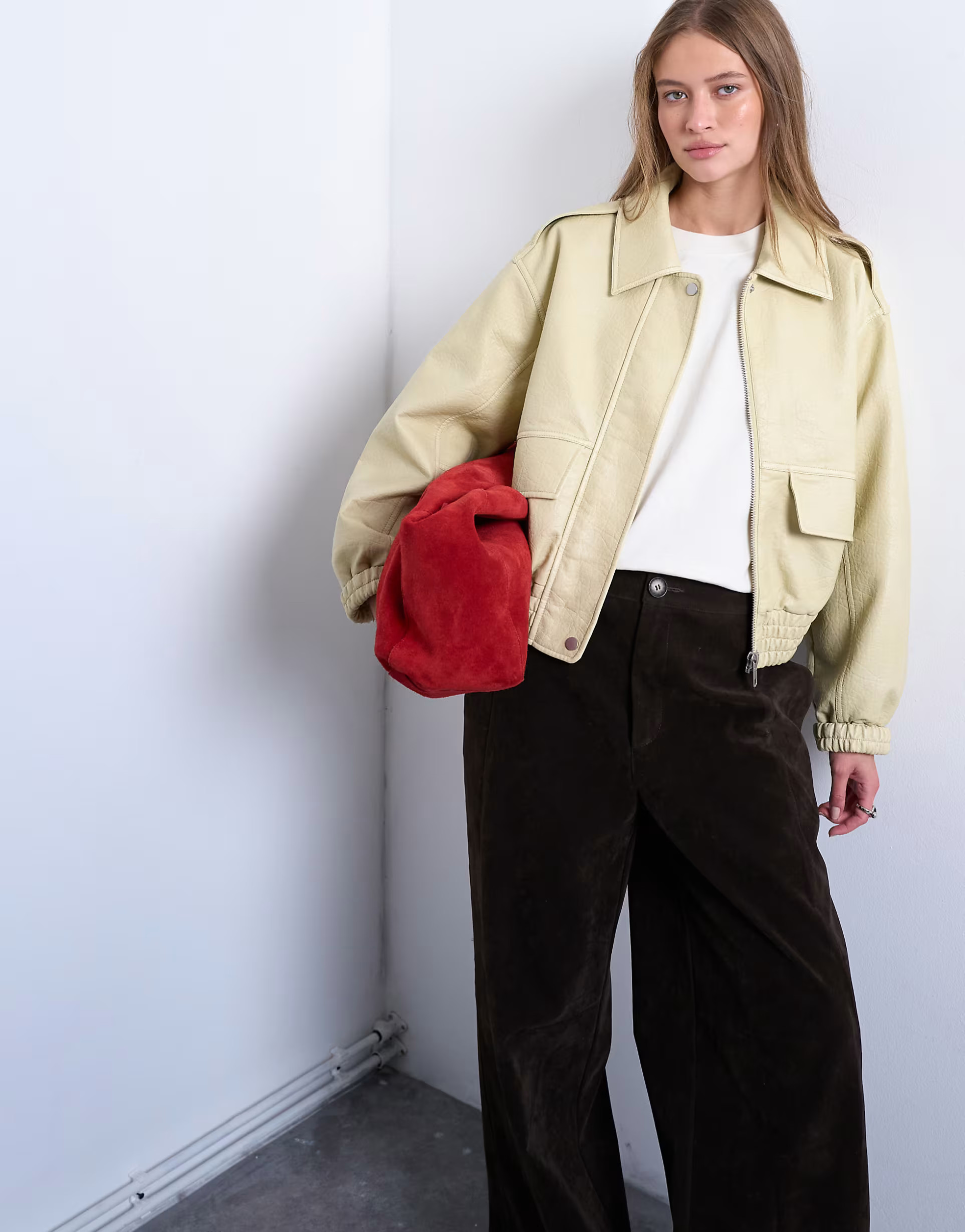 Topshop short bubble faux leather bomber jacket in buttermilk | ASOS (Global)