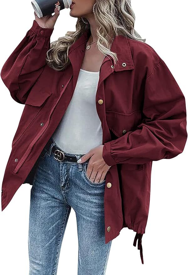 Womens Casual Jacket Zip Up Long Sleeve Turn Down Collar Lightweight Loose Utility Jacket | Amazon (US)