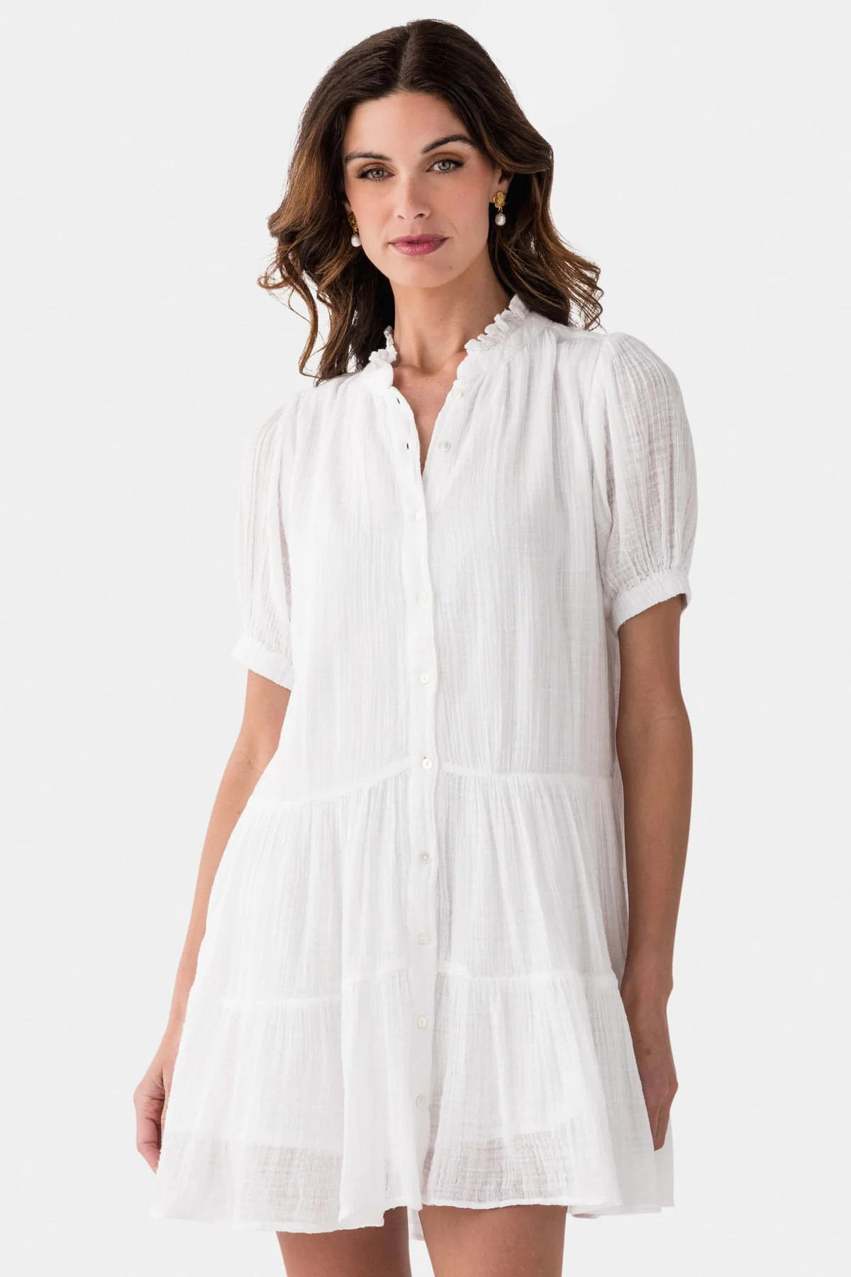 Elan Ruffle Neck Tiered Gauze Dress | Social Threads