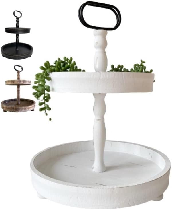 DECORIO Beautiful Farmhouse Distressed Two Tier White Decorative Tray - Wood Tiered Tray Stand - ... | Amazon (US)