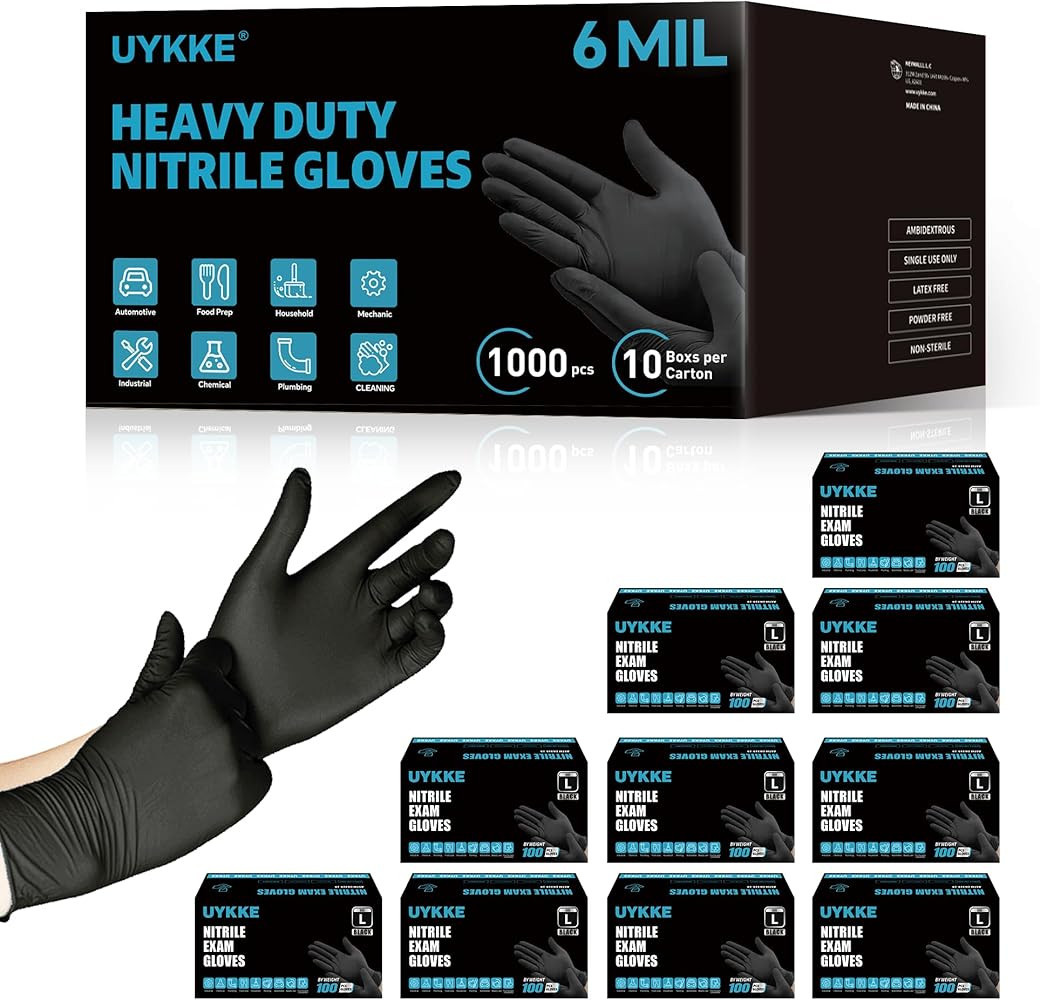 UYKKE HEAVY DUTY 6 Mil Nitrile Black Gloves Disposable Latex Free Rubber Cooking Cleaning Food Pr... | Amazon (US)