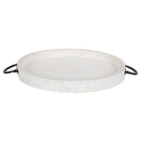 Kate and Laurel Marmora Casual-Farmhouse Round Wooden Decorative Tray with Black Metal Handles Distressed Coastal White Finish 18 inch Diameter | Walmart (US)