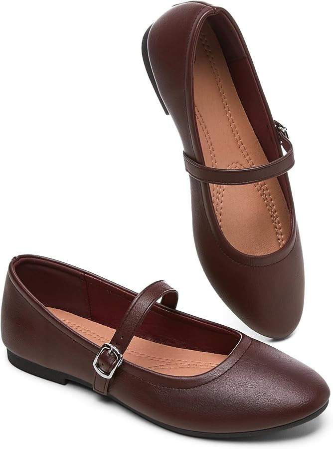 Womens Mary Janes Flats Shoes Ballet Flats Black Dress Shoes,Memory Foam Insole,Soft Synthetic Le... | Amazon (US)