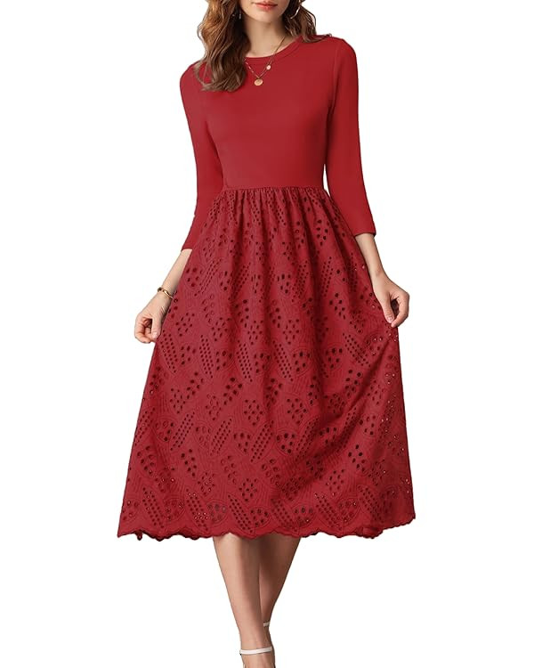 GRACE KARIN Womens Summer 3/4 Sleeve Dress with Pockets A Line Midi Eyelet Dress Empire Waist Cas... | Amazon (US)