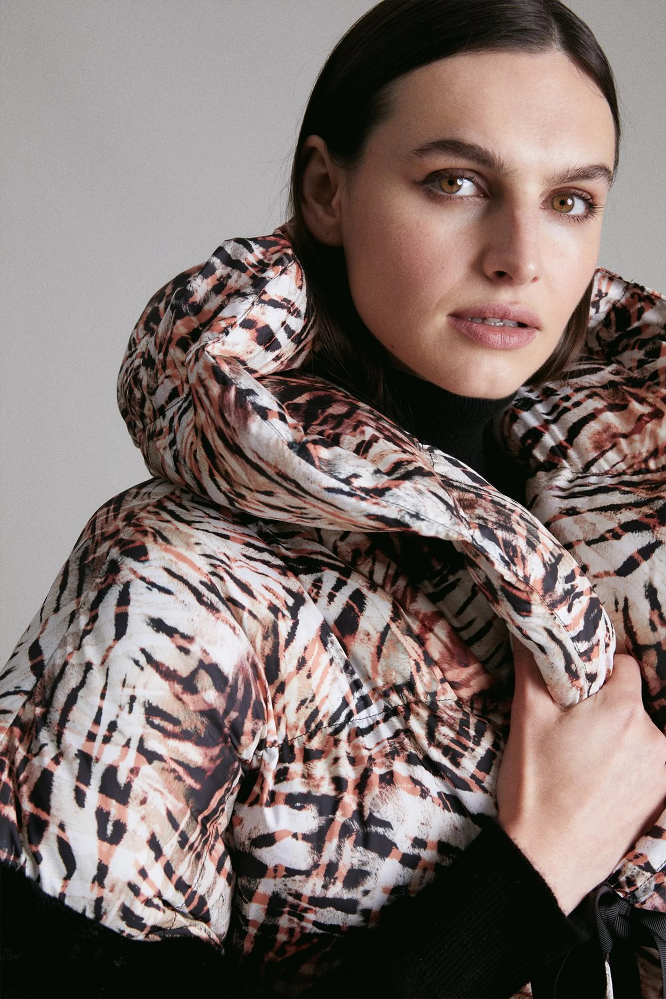 Animal Print Faux Fur Trim Padded Cape Coat | Karen Millen UK & IE