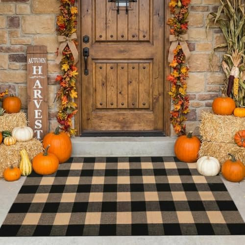 WAYYE Fall Decor Buffalo Plaid Outdoor Rug 3x5 Ft Coffee and Black Checkered Area Rug Washable Doormats Indoor Outdoor Rugs for Porch Layered Front Door Mats, Entryway, Kitchen, Farmhouse | Amazon (US)