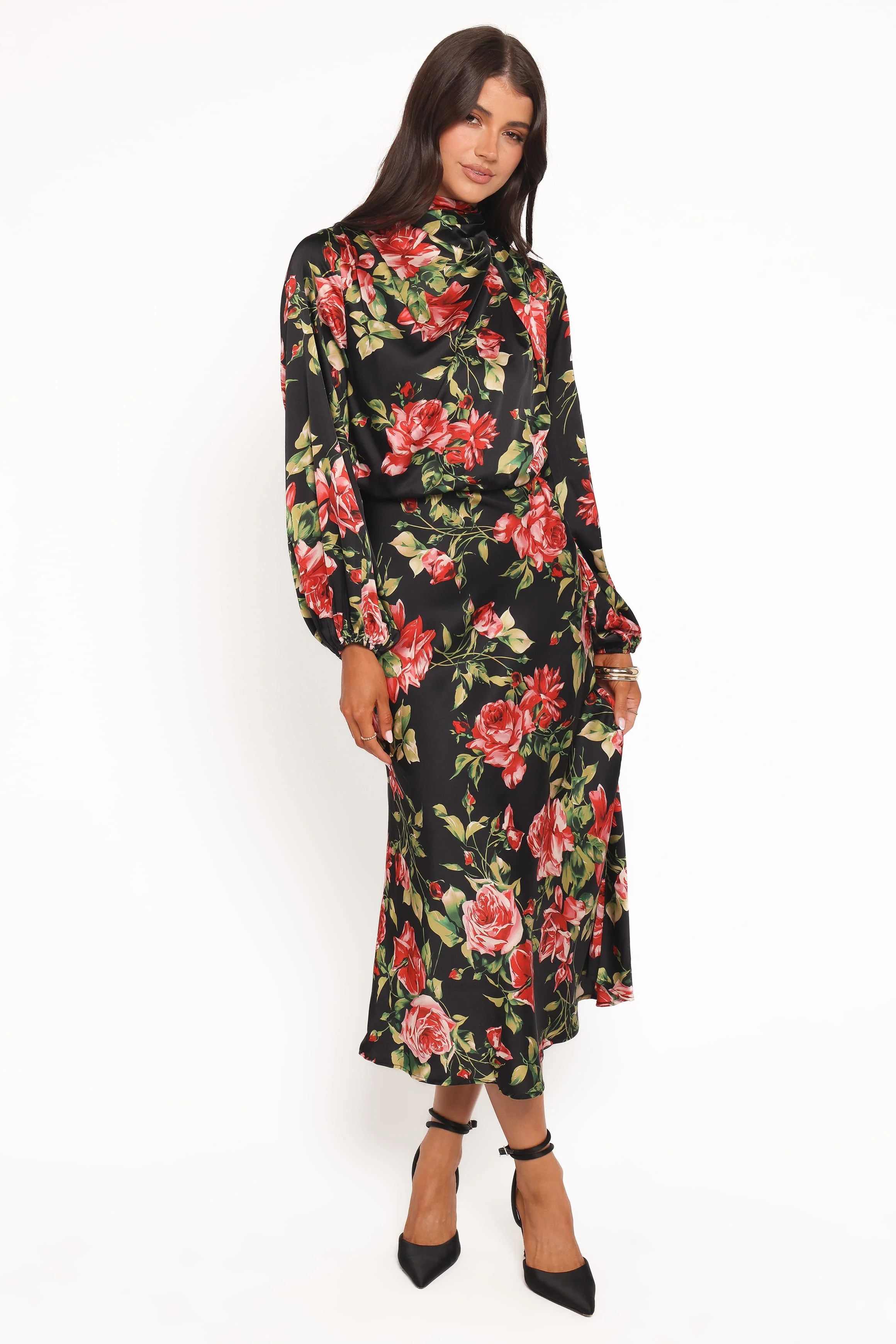 Perrie Long Sleeve Midi Dress - Black Floral | Petal & Pup (US)