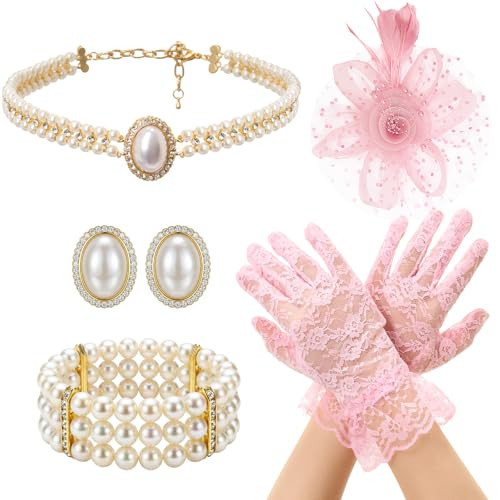 Landical 5 Pcs 1950s Women Tea Party Accessory Set Fascinator Hat Lace Gloves Pearl Jewelry Weddings Photo Shoots (Pink) | Amazon (US)