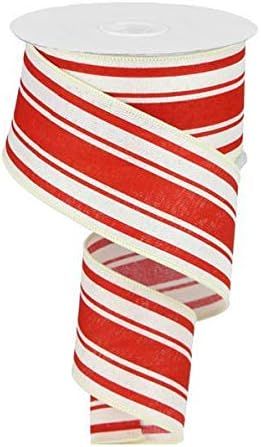 Farmhouse Stripe on Canvas Wired Edge Ribbon - 2.5" x 10 Yards (Ivory, Farmhouse Red) | Amazon (US)