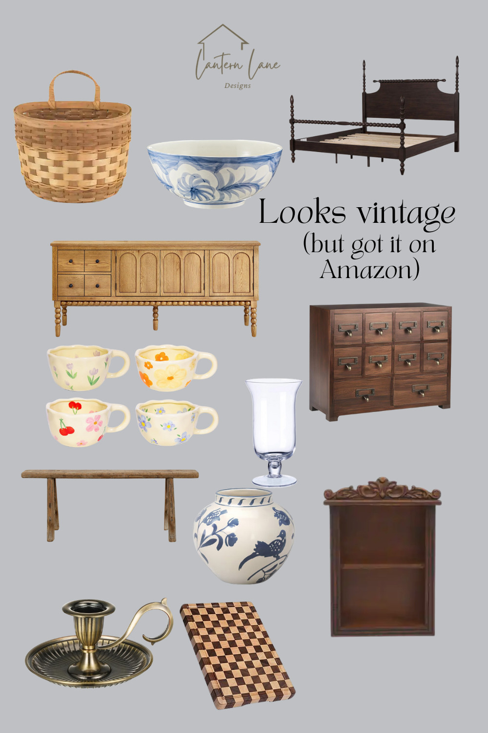 Vintage decor but it's new! Love the little coffee mugs and apothecary cabinet.

spindle headboard, vintage basket, blue and white vase, vintage wall shelf, blue and white bowl 

 #LTKSeasonal #LTKHome #LTKSaleAlert