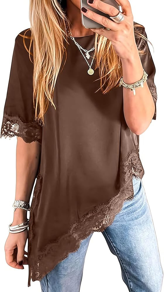 Pinclodly Asymmetrical Tops for Women Lace Patchwork Satin Top Crewneck Oversized Tee Shirts Side... | Amazon (US)