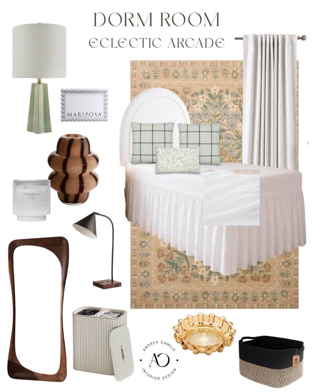 Affordable dorm decor. How to style mid century modern style. Would USB desk lamp. Vintage green table lamp. Bamboo laundry basket. Curved solid wood framed floor mirror. Fun picture frame. Amber glass table vase. Smoky glass candle holder, anthropology inspired dish for jewelry holder. Salted Sands scented candle glass jar. Dorm headboard with legs. Cotton duvet cover set. Woven storage basket for shelves. Dorm bed skirt, twin XL with split corners dorm room essentials. Blackout curtains for bedroom. ￼

#LTKHome #LTKSaleAlert #LTKSeasonal