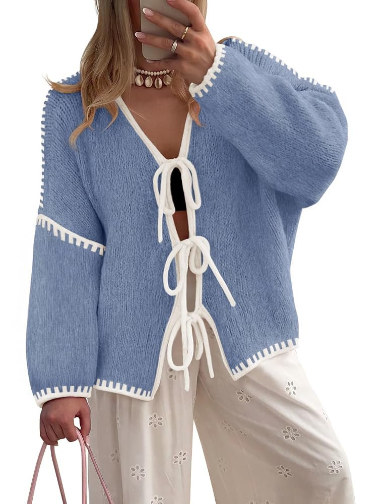 ZESICA Women's Tie Front Bow Cardigan Sweaters 2025 Casual Long Sleeve Knit Color Block Fall Wint... | Amazon (US)