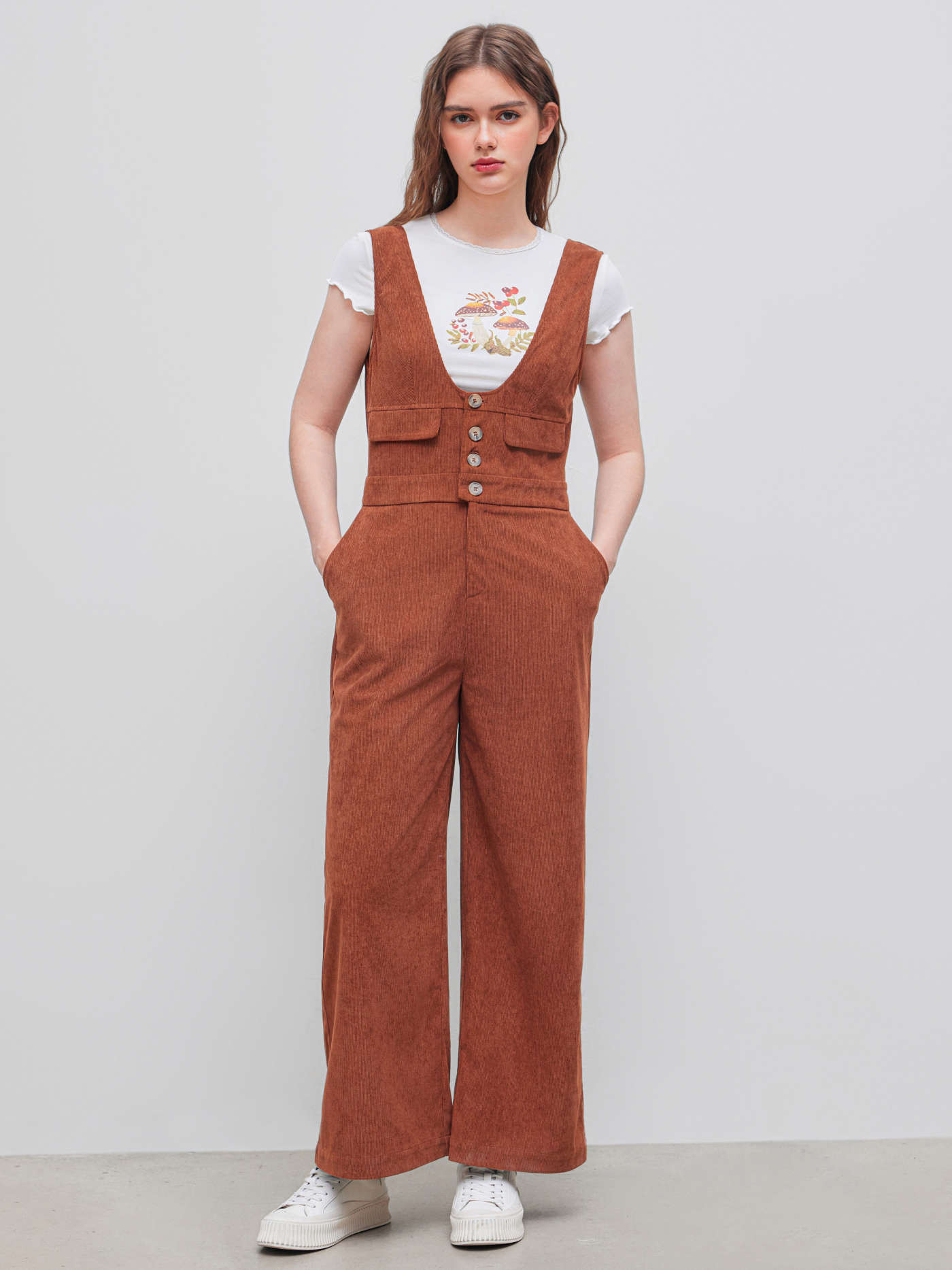 Corduroy Corduroy Scoop Neckline Solid Button Pocket Jumpsuit For Daily Casual Work | Cider