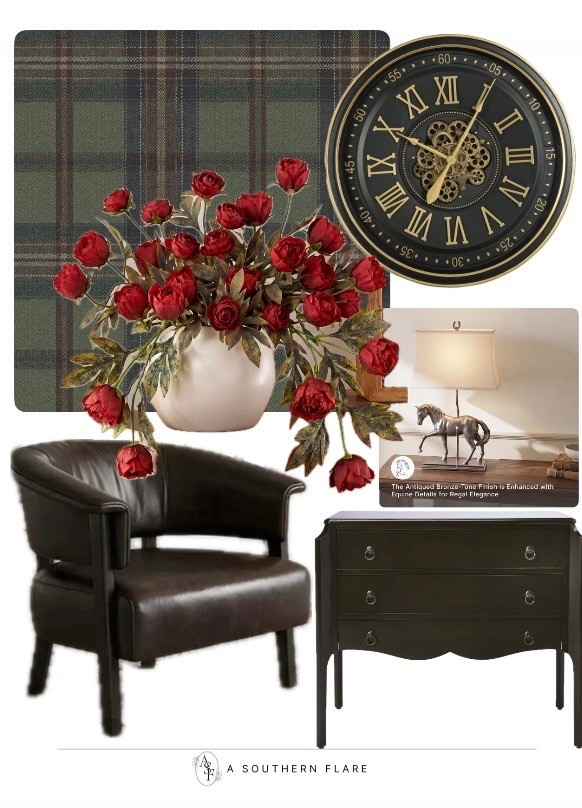 Home Decor/ RL Inspired / Wallpaper/ set of Didd chairs/ side table: horse Lamp/ clock