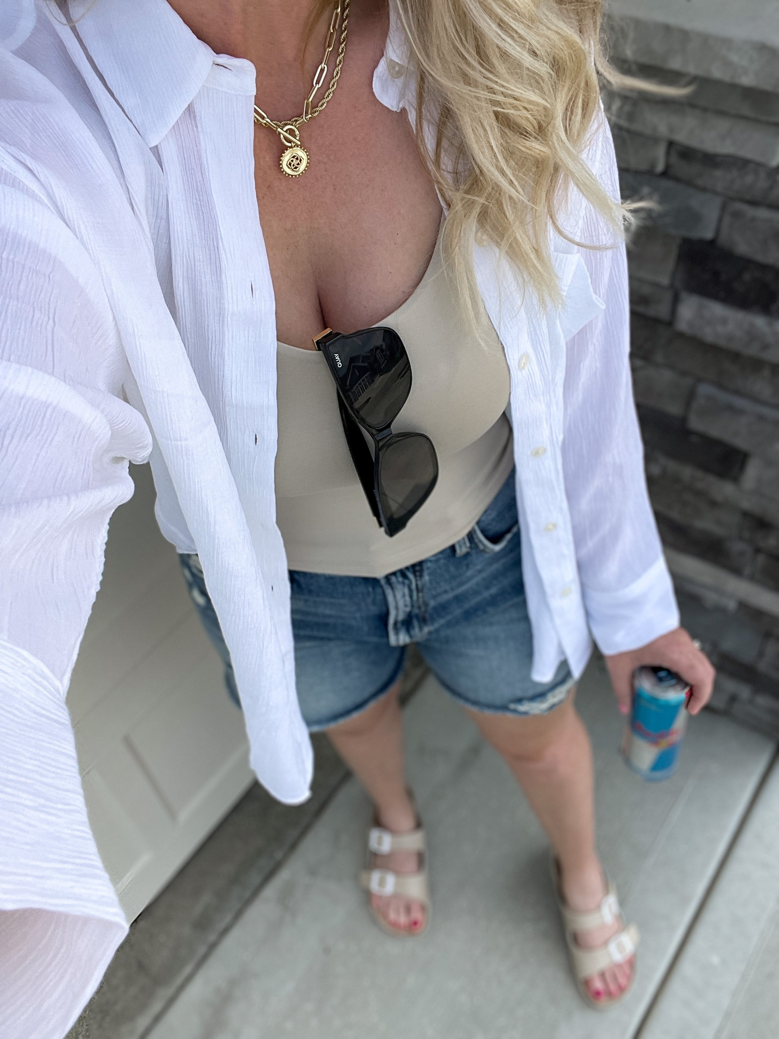 Abercrombie outfit on sale, white button down, cropped tank, jean shorts, Abercrombie shorts, buckle sandals 

#LTKunder50 #LTKsalealert #LTKshoecrush