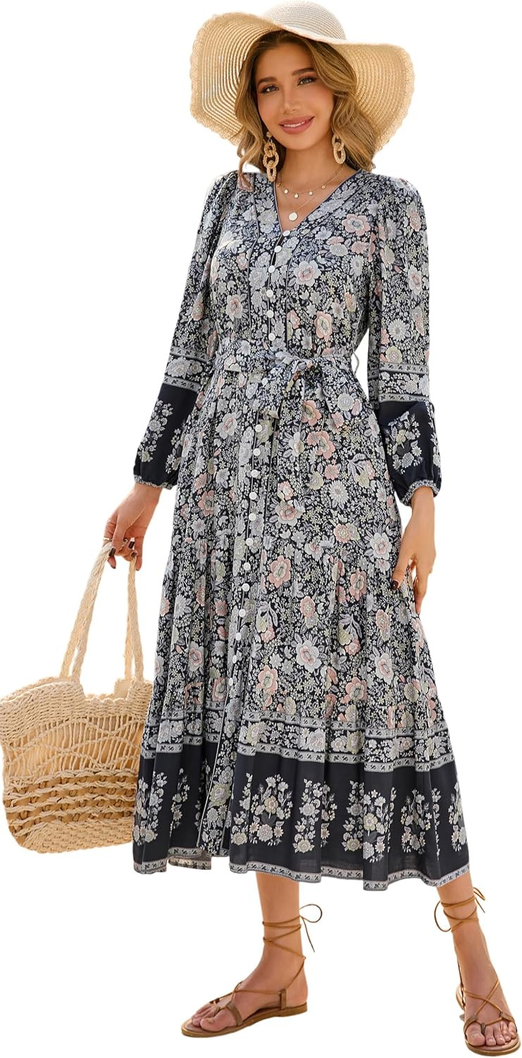 R.Vivimos Women's Long Sleeve Boho Midi Dress V Neck Floral Print Casual Button Down Loose Ruffle Beach Long Dress with Belt | Amazon (US)