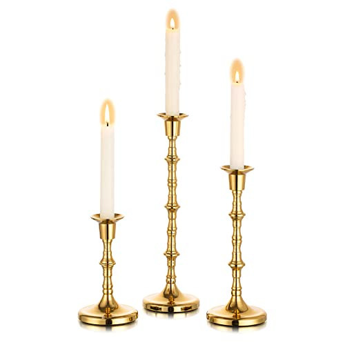 Nuptio Gold Candle Holders Taper Candlestick Holders Tall Thin Candle Sticks Candleholders Modern Metal Candle Holder for Wedding Gift Housewarming Gift Friendship Gifts Set of 3 | Amazon (US)