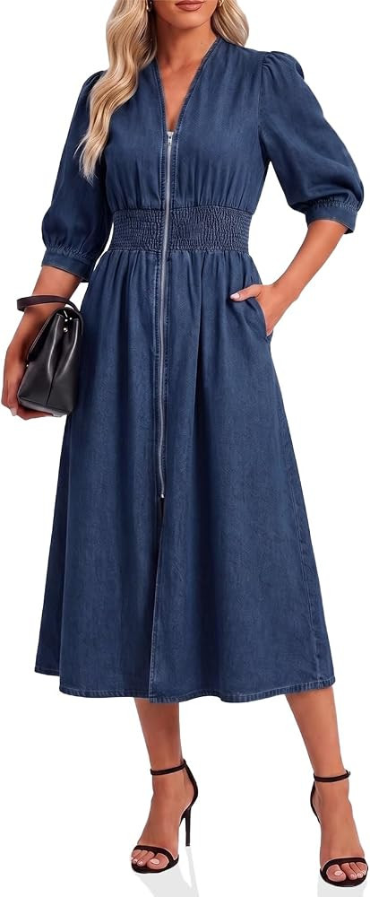 Denim Dress for Women 3/4 Puff Sleeve V Neck Casual Midi Jean Dresses | Amazon (US)