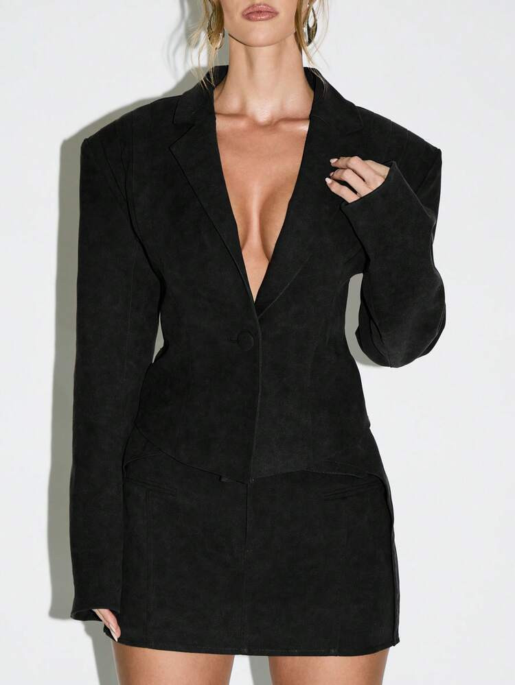KIZN Suede Blazer With Deep V Neckline Long Sleeve Mini Jacket | SHEIN