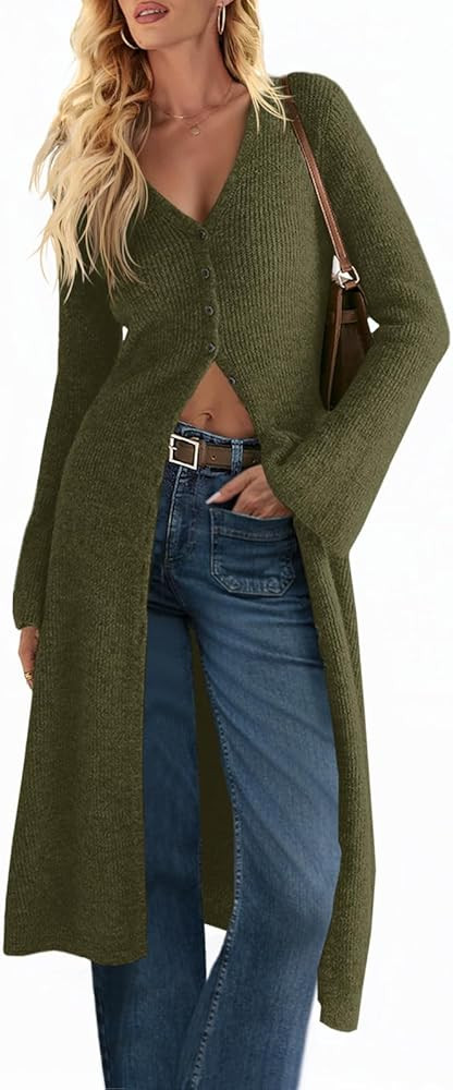 Saodimallsu Womens Long Cardigan Sweaters Oversized Bell Sleeve Open Front Button Down Casual Kni... | Amazon (US)