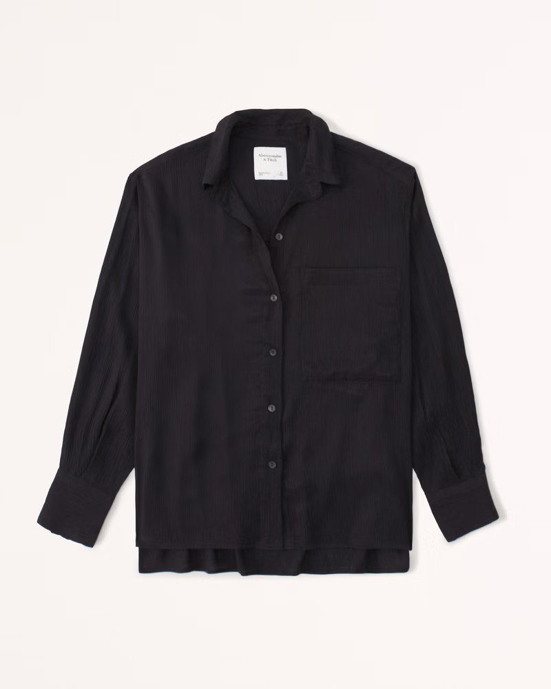 Oversized Long-Sleeve Crinkle Button-Up Shirt | Abercrombie & Fitch (US)