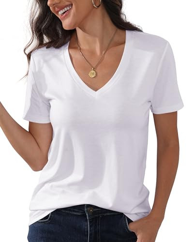 PALINDA Women's Classic Fit White T Shirts Short Sleeve V Neck Casual Cotton Tee Shirt Summer Tops XL | Amazon (US)