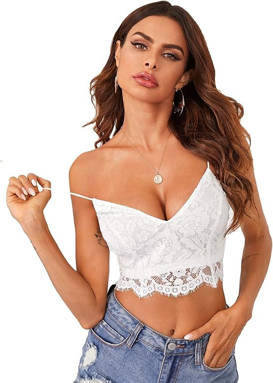 SheIn Women's Strappy Plain V Neck Vest Sexy Bralette Cami Crop Top White Medium at Amazon Women... | Amazon (US)