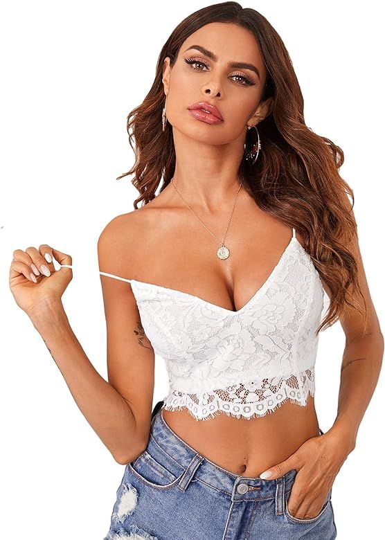 SheIn Women's Strappy Plain V Neck Vest Sexy Bralette Cami Crop Top White Medium at Amazon Women... | Amazon (US)