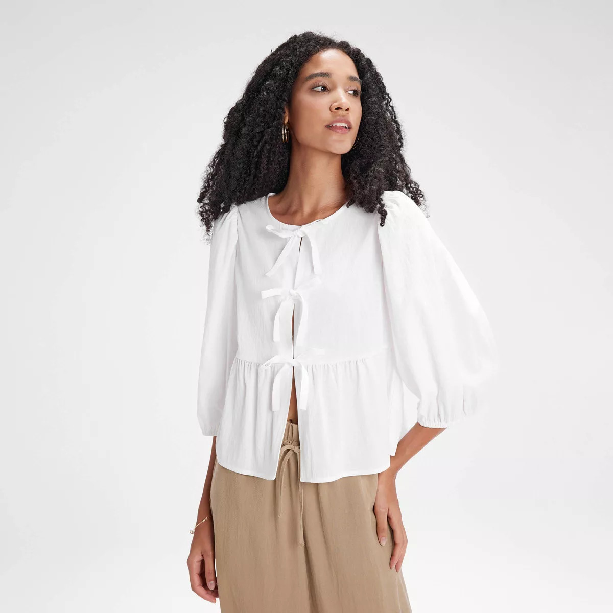 Women's Balloon 3/4 Sleeve Tie-Front Blouse - A New Day™ | Target