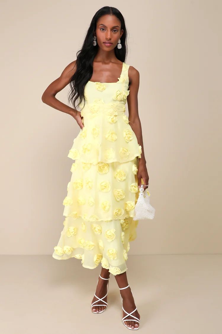 Exceptional Entrance Yellow Sleeveless Tiered Rosette Midi Dress | Lulus