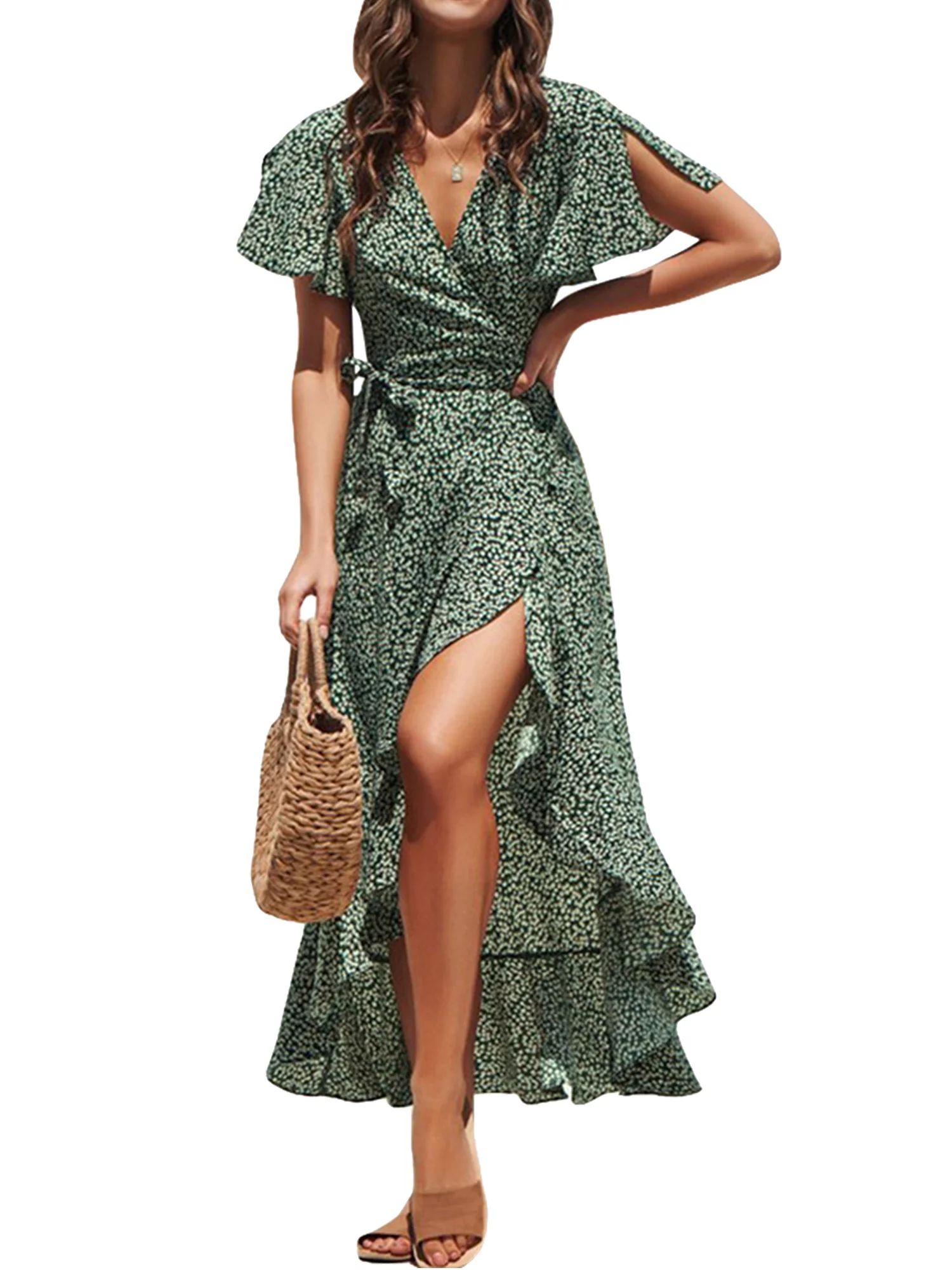 Floral Print Women Dress Short Sleeve Chiffon Long Dress Women Maxi Boho Summer | Walmart (US)