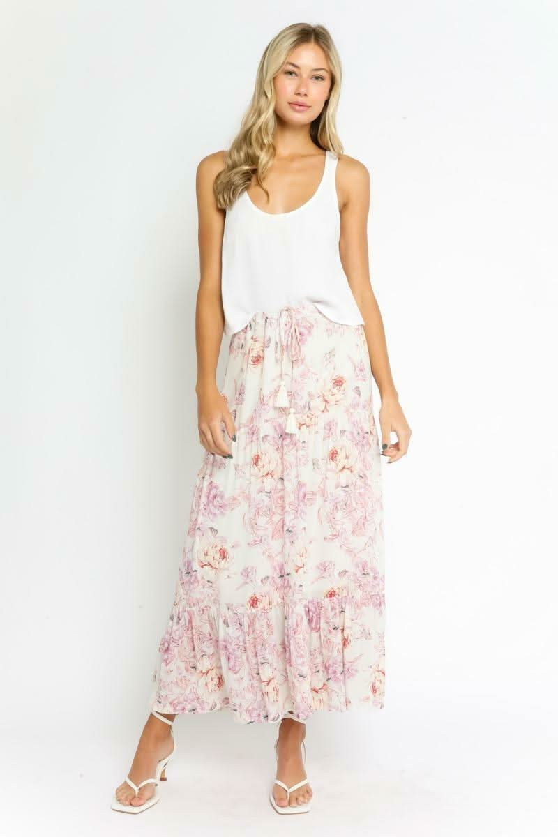 Ivory Floral Print Skirt - Ruffle Midi Skirt | Boho Pink | Boho Pink