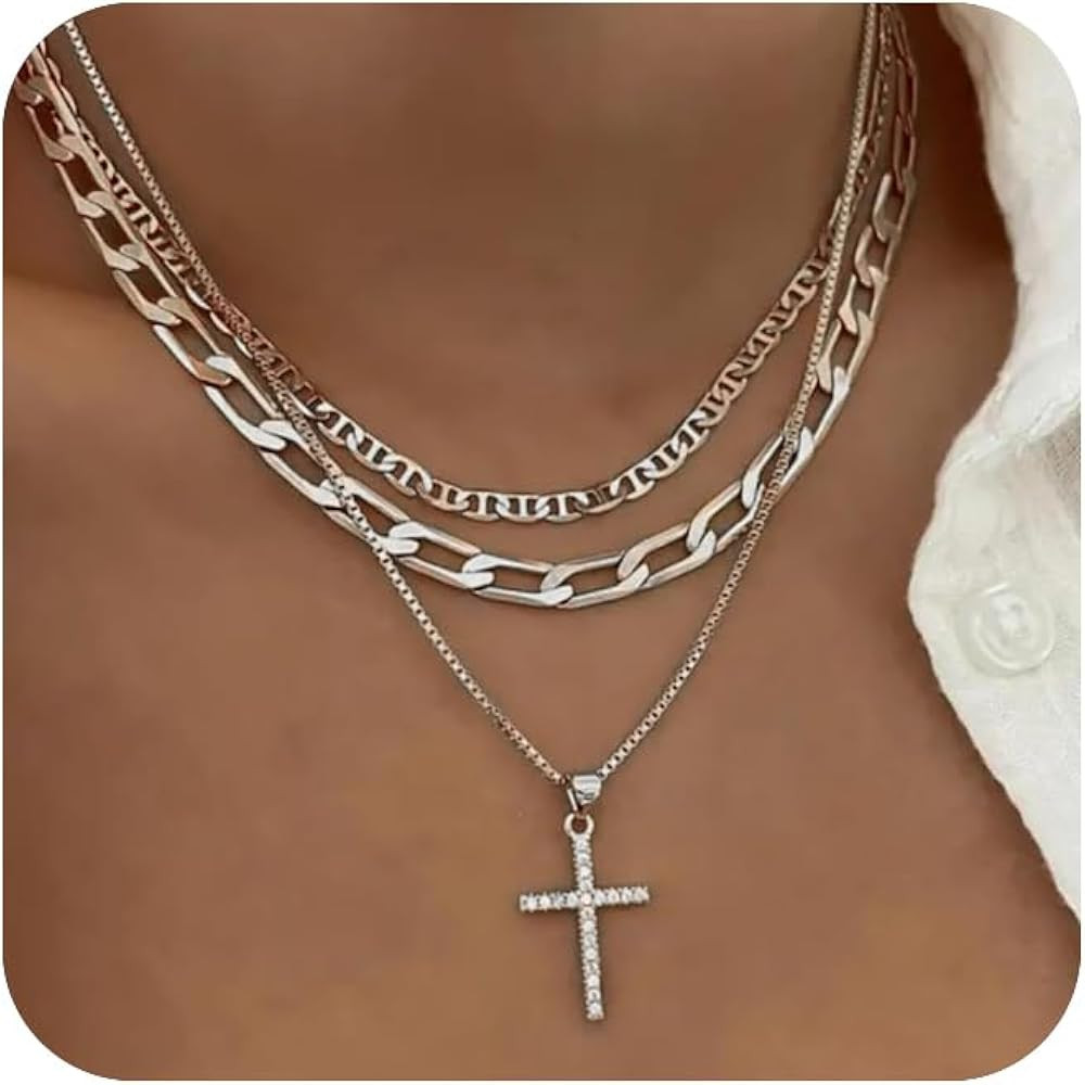 Cross Necklace for Women Gold Paperclip Box Flat Mariner Chain Necklace Cross Pendant CZ Diamond | Amazon (US)