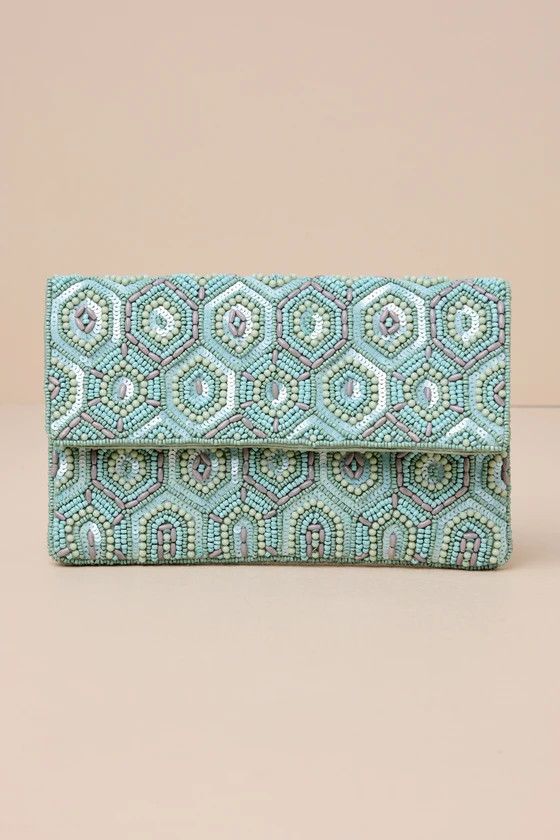 Uniquely Mine Sage Blue Geometric Beaded Sequin Clutch | Lulus