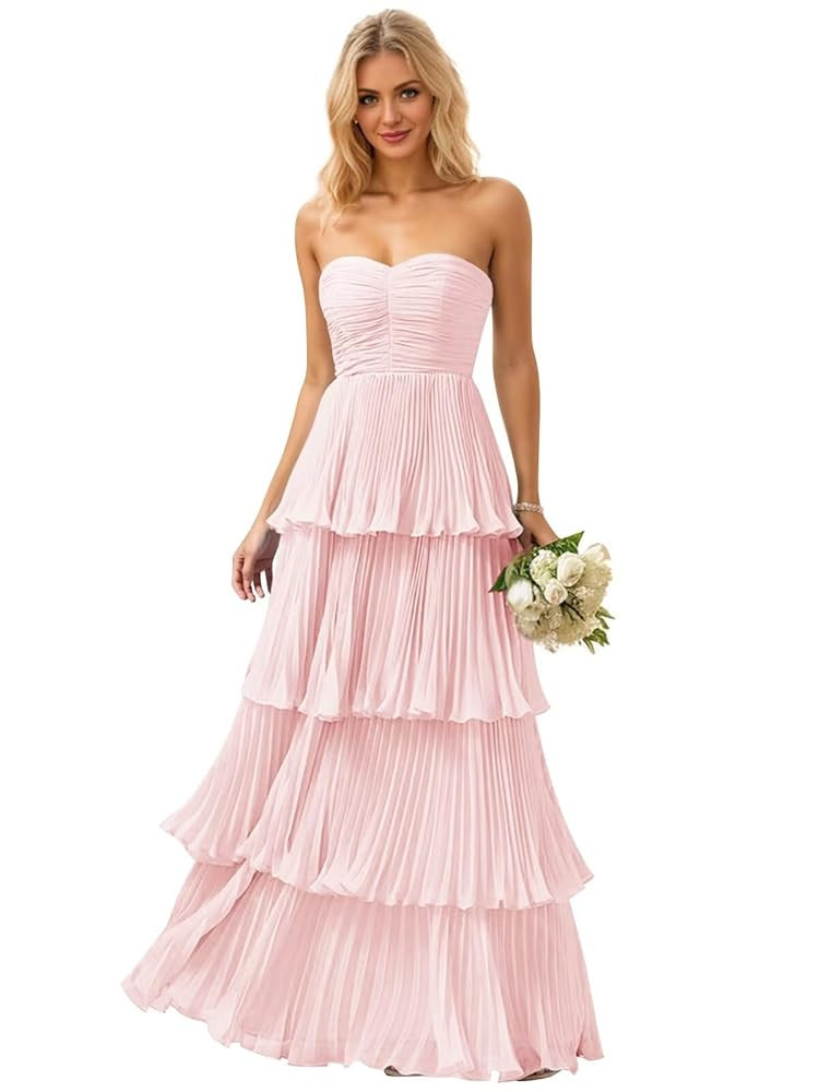 Strapless Ruffle Prom Dresses for Women Long Flowy Tiered Chiffon Formal Evening Gowns | Amazon (US)