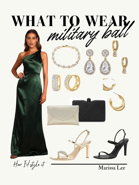 Need an outfit for the military ball? Here’s a stunning gown to wear to the military ball and how I’d style it! This look is perfect for the upcoming Marine Corps ball, prom, wedding, or any formal black tie event! I love the green dress trend for the 2023 military ball - I think it’s such a nice contrast from the traditional red, navy blue, and black dresses. Shop these formal dresses, shoes, and jewelry for your next military ball, prom, or gala!

#LTKwedding #LTKshoecrush #LTKstyletip