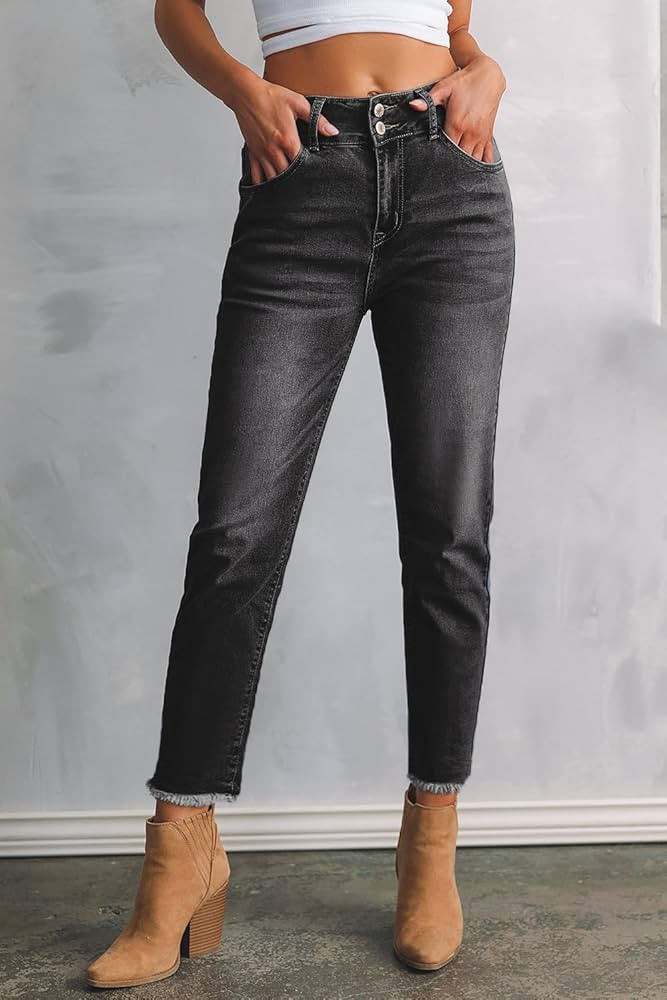 Sidefeel Women's High Waisted Jeans Strechy Raw Hem Straight Leg Denim Pants with Pockets | Amazon (US)