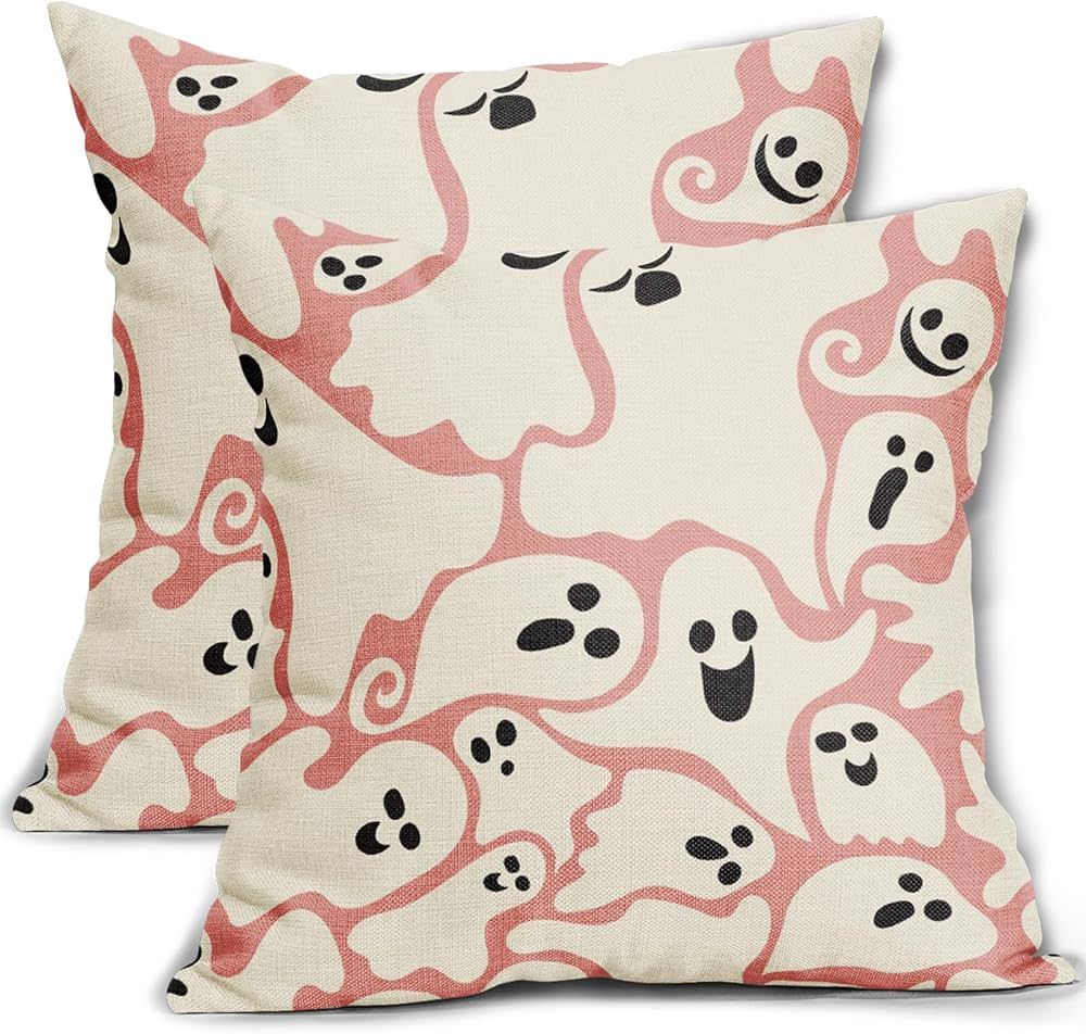 Ghost Halloween Pillow Covers 18x18 Set of 2 Spooky Print Halloween Decorations Pink Cream Decora... | Amazon (US)