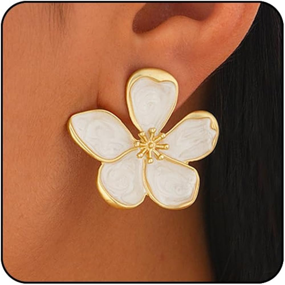 Flower Earrings for Women Large Statement Earrings for Women Gold Big Floral Earring Unique White... | Amazon (US)