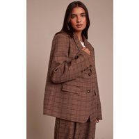 Brown Premium Woven Twill Checked Oversized Blazer | PrettyLittleThing UK