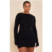 Shape Black Micro Rib Long Sleeve Boat Neck Mini Dress, Black | PrettyLittleThing UK