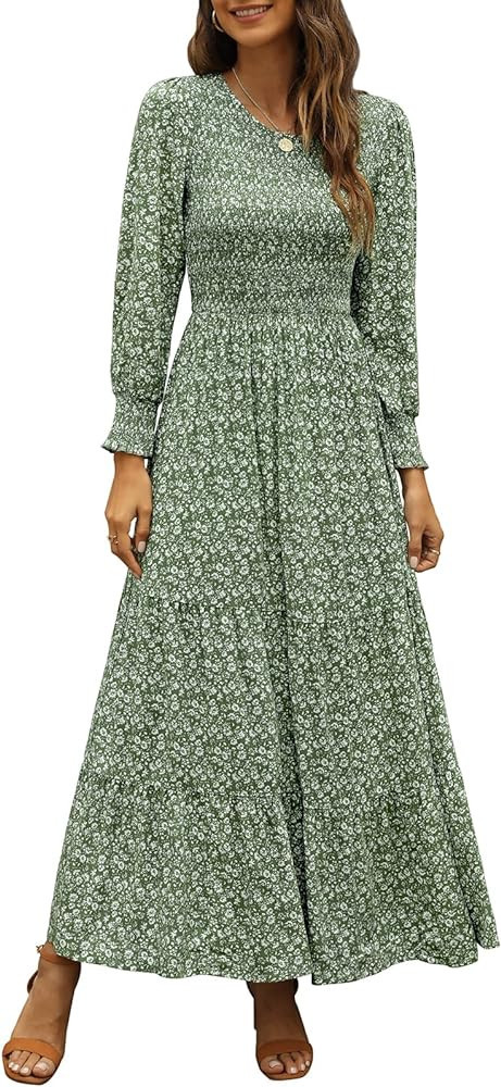 Annebouti Women's 2023 Fall Casual Long Sleeve Maxi Dress Boho Tiered Floral Smocked A-Line Modes... | Amazon (US)