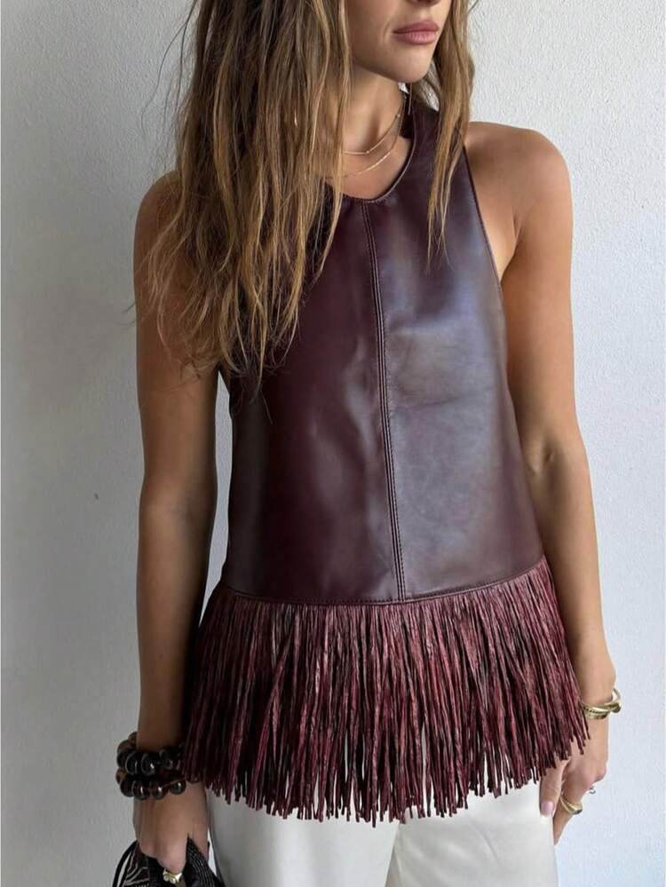 Women's Faux Leather Halter Top With Fringe Trim Backless Vest Y2K Motorcycle Punk Sleeveless Blo... | SHEIN